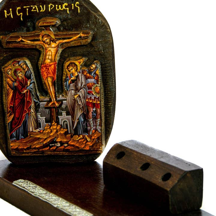 TheHolyArt - Wholesale Pencil Holder - Crucifixion icon and Pencil holder 25x10cm, Handmade Greek Orthodox icon, Byzantine art pencil holder on wood, religious decor3