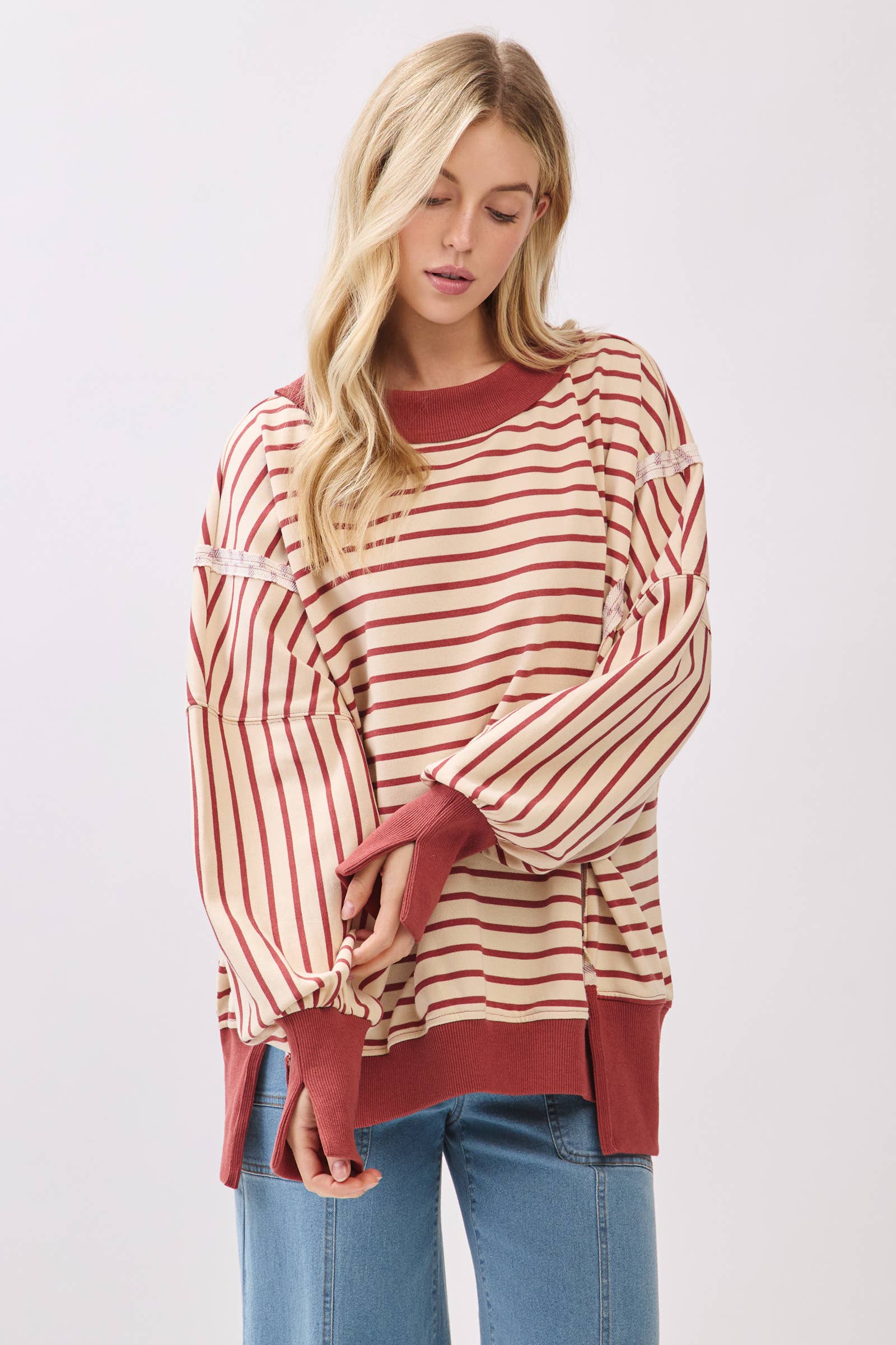 Sewn and Seen - Wholesale Sweatshirt - Women's - Striped Balloon Sleeve Terry Sweatshirt5
