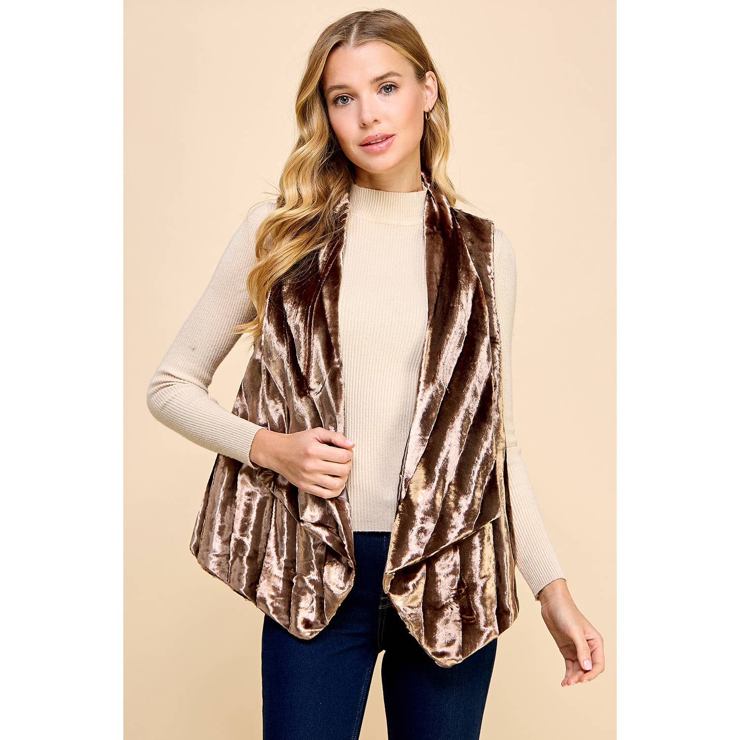 BROWN FAUX FUR OPEN VEST 25246 for wholesale on Faire0