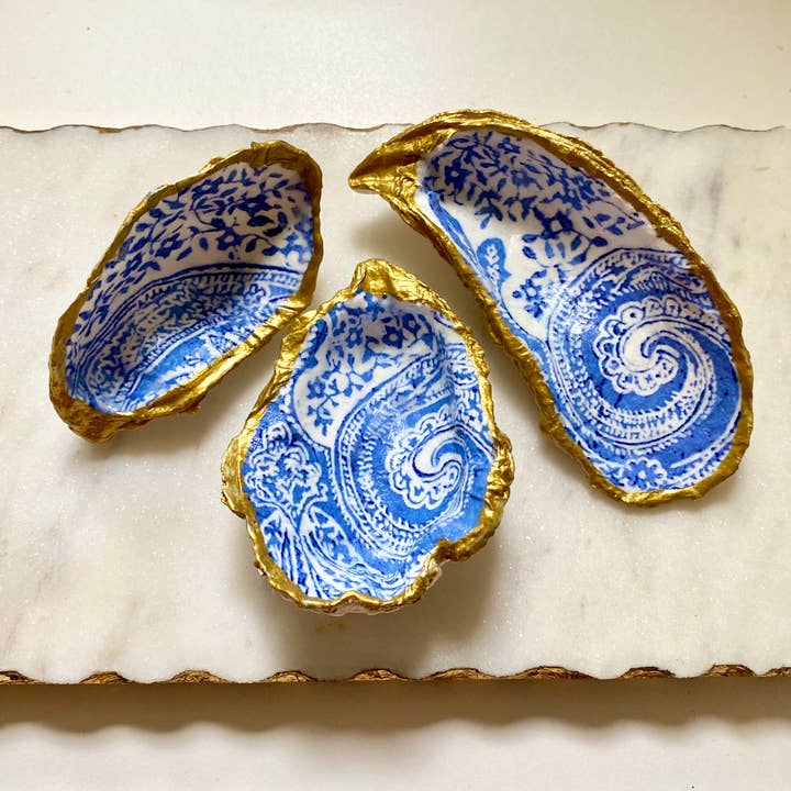Blue Paisley Oyster Shell Jewelry Dish for wholesale by Del Mar Designs DC