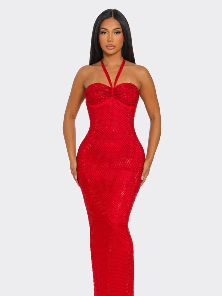 BCCDS13756 & CORSET-STYLE HALTERNECK SHIMMERING MAXI DRESS for wholesale by BANJUL