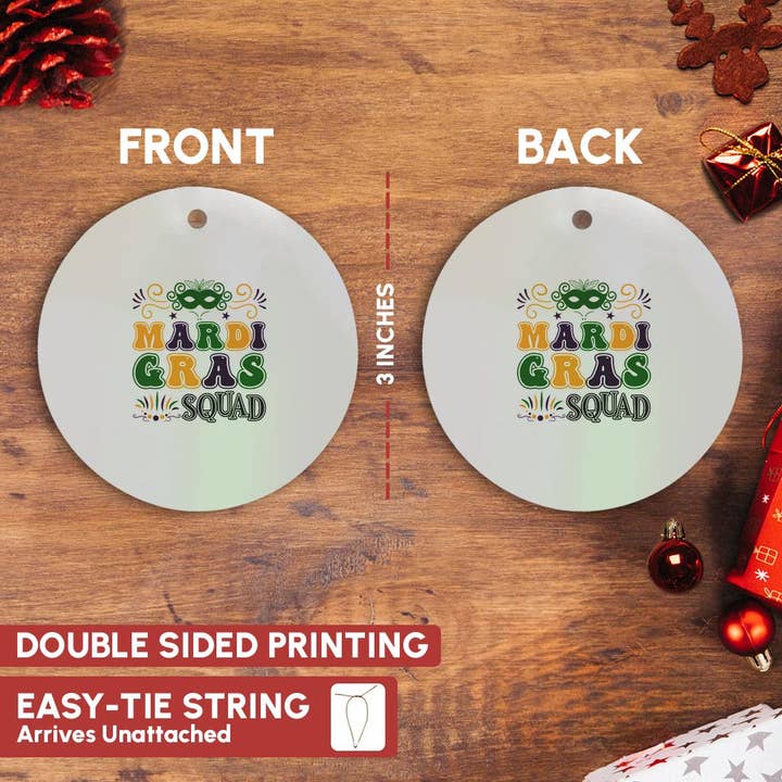 3dRose - Wholesale Ornament - 3dRose, Mardi Gras squad elegant colorful Mardi Gras text, image of a mask, Ornament2