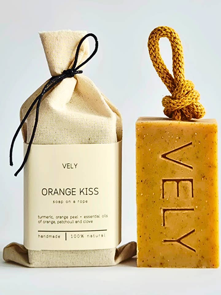 Natural Handmade Soap On A Rope "Orange Kiss" for wholesale by The Vely Soapery