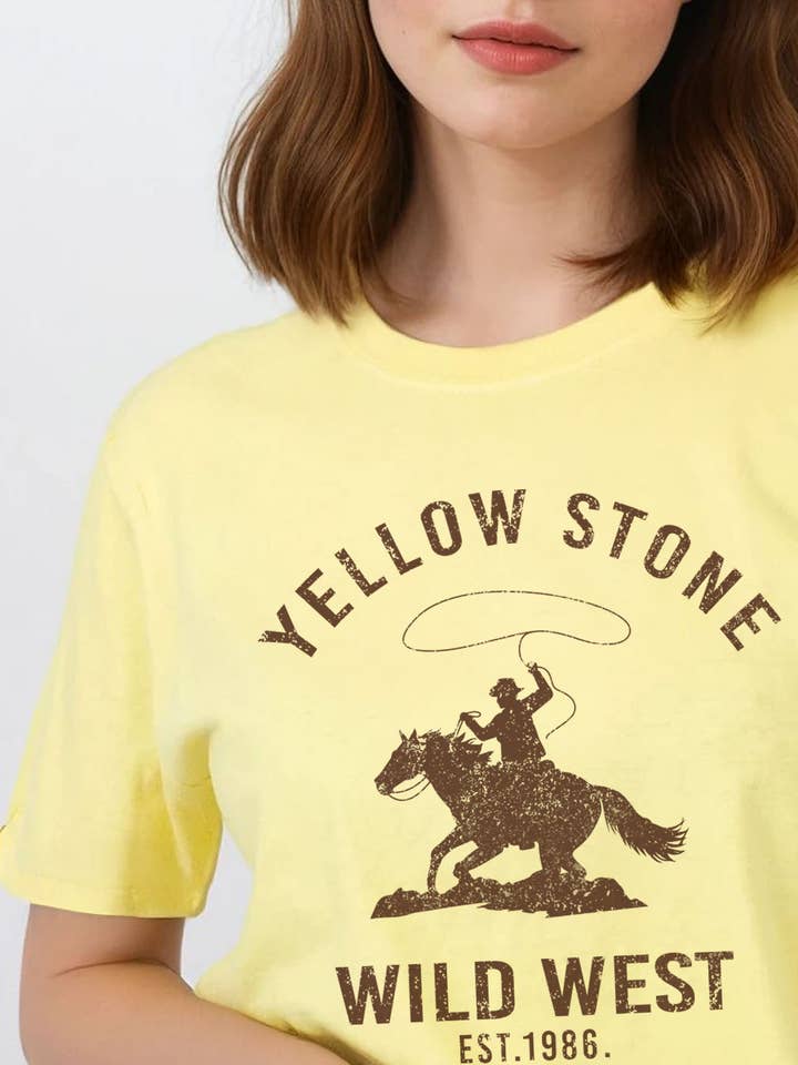 Regular Fit T-shirt in Yellow Stone Wild West Print for wholesale by Missi Clothing