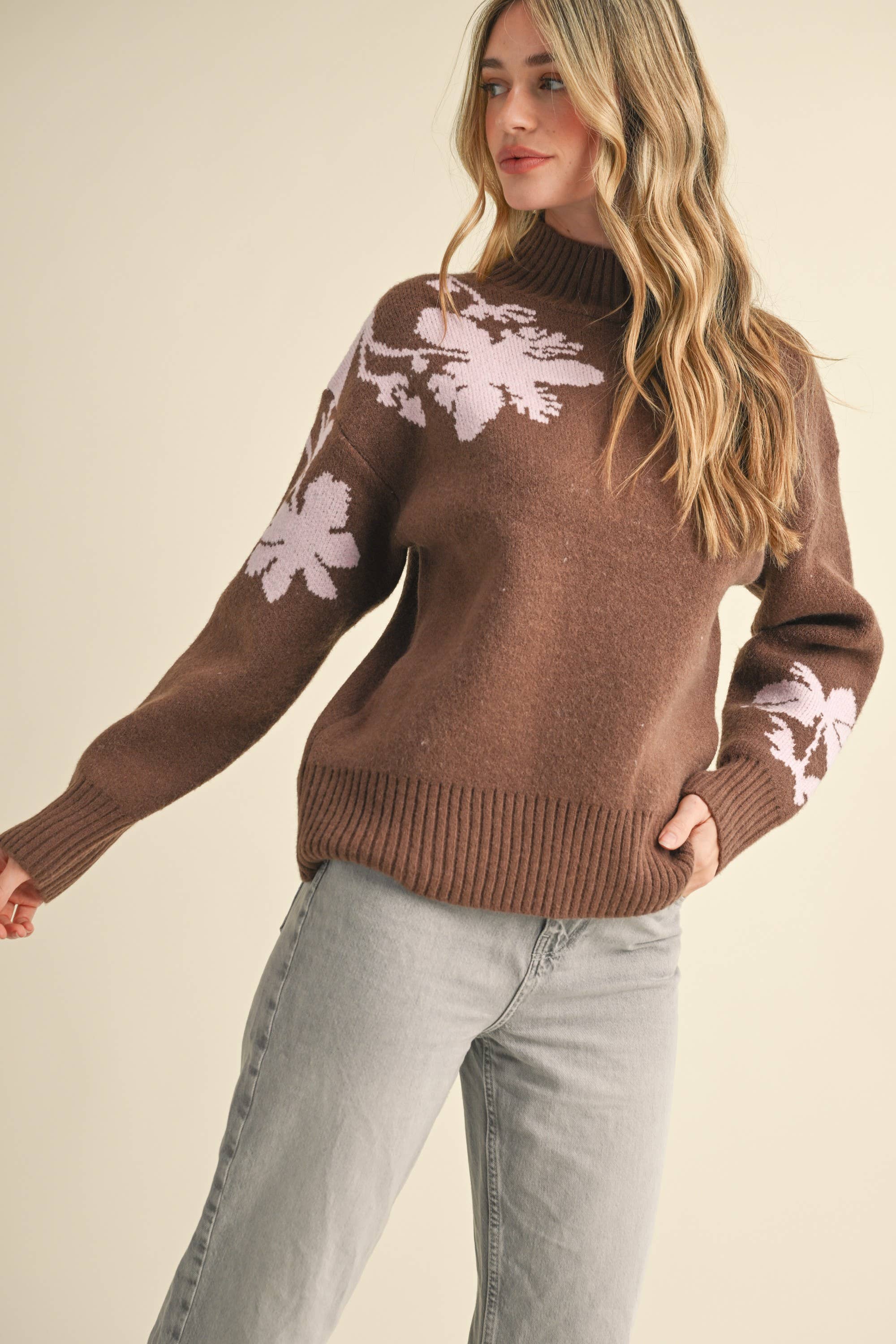 &MERCI - Wholesale Knit Sweater - Women's - MOCK NECK FLORAL SWEATER MSW107716