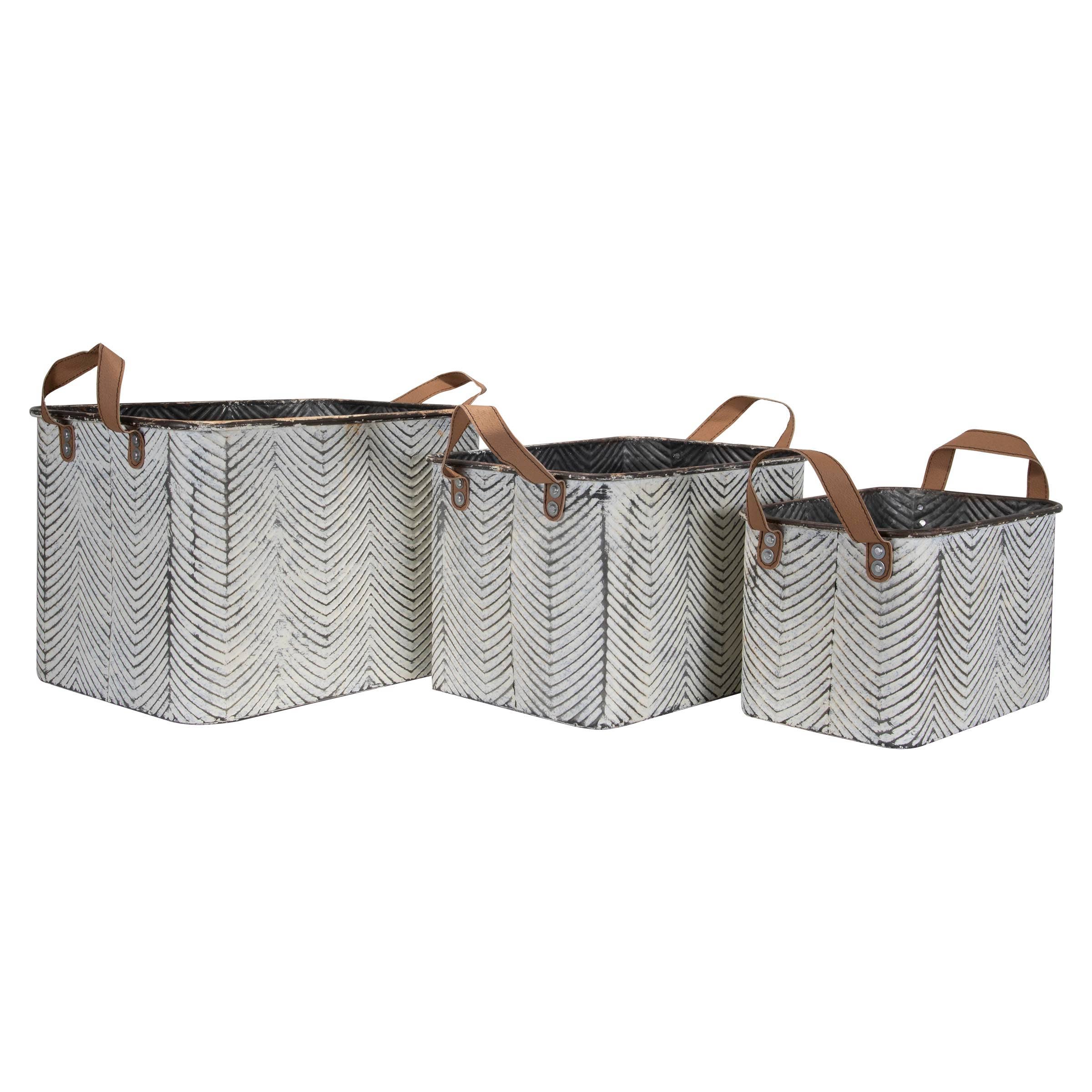 Foreside Home & Garden - Wholesale Basket - SALE - Braxton Rustic Set 3 Whitewash Gray Bins Faux Leather1
