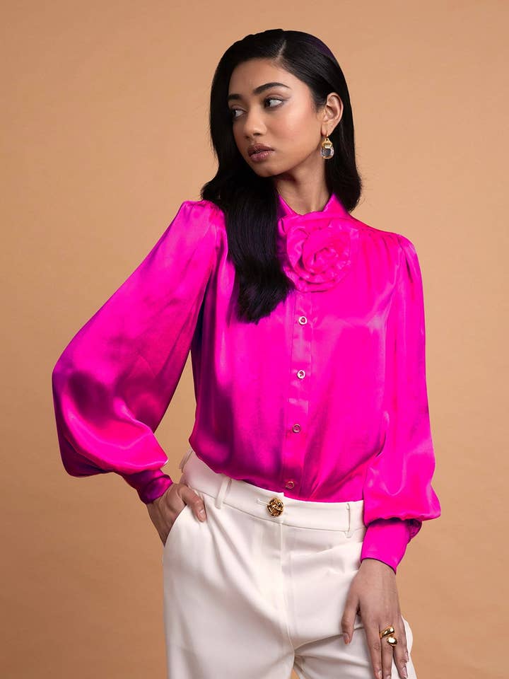 LeDoré Rosette Blouse Fuchsia Silk for wholesale by LeDoré