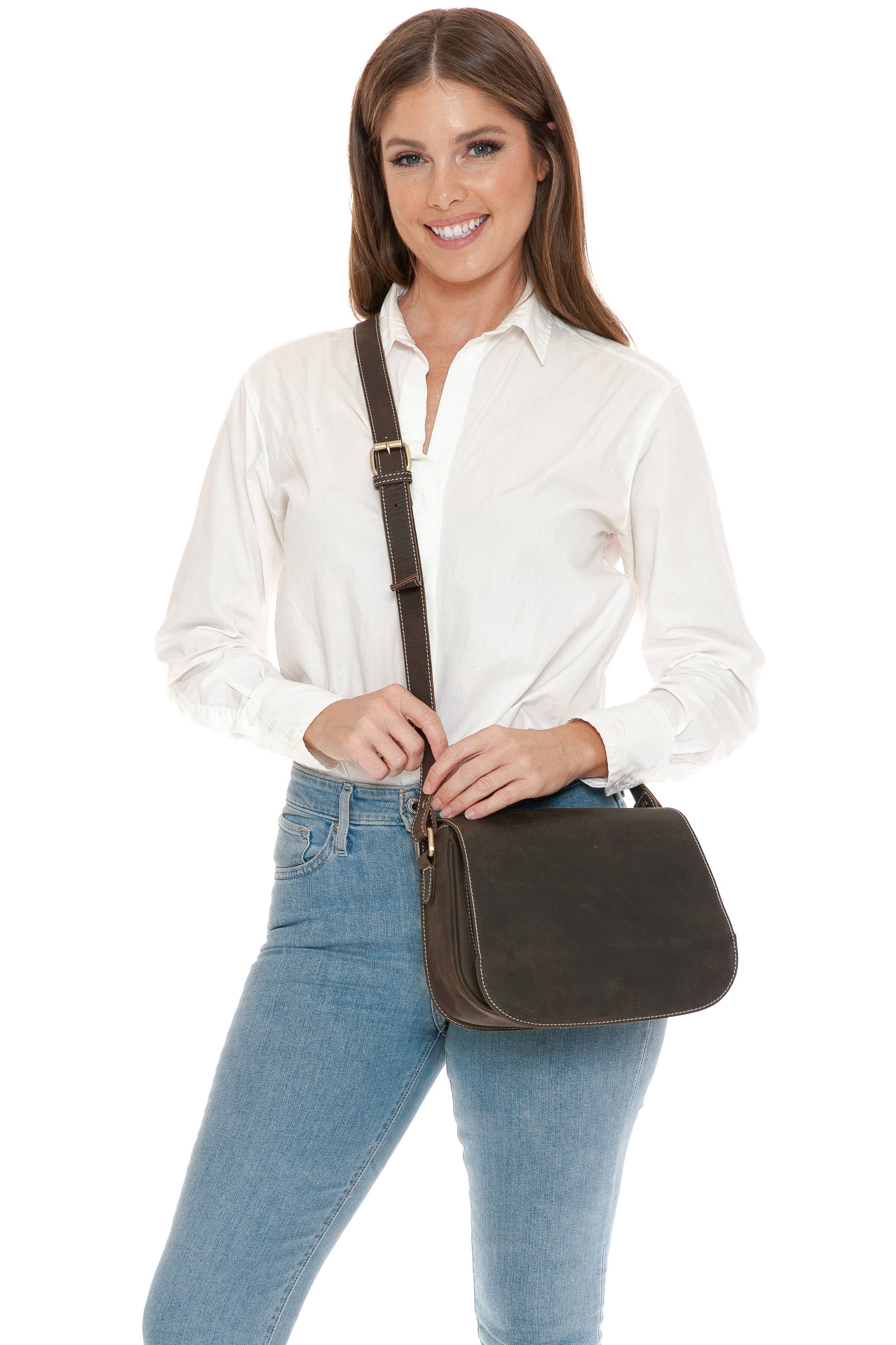 Leather Impressions Inc - Wholesale Crossbody Bag - Women's - Hunter Leather Flap Over Saddle Bag9