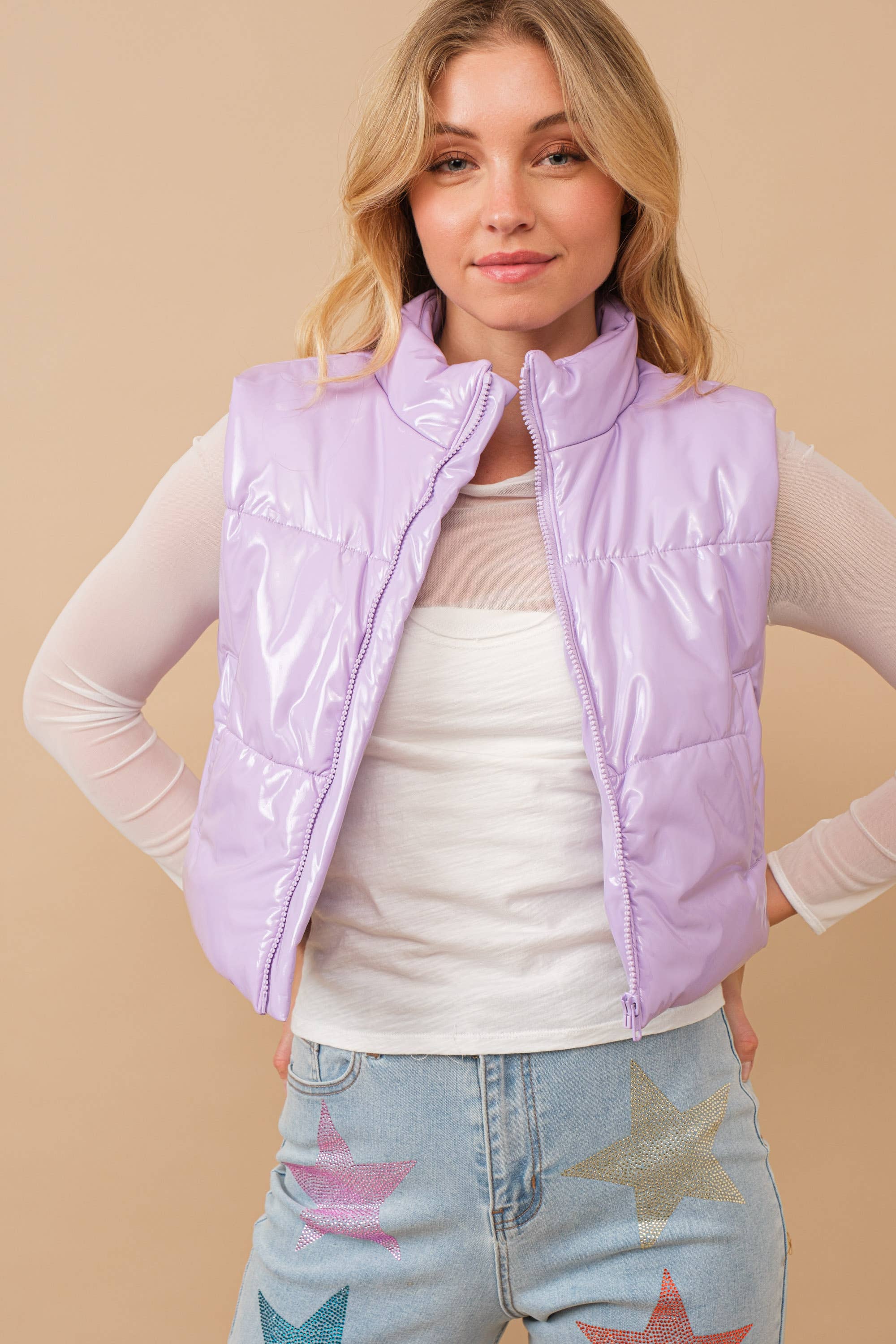 Blue B - Wholesale Outerwear Vest - Women's - 22656J - Gloss Shiny PU Quilted Puffer Zip Up Crop Vest41