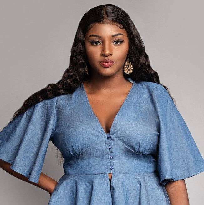 Chambray Hi Lo Flare Sleeve Top for wholesale by Nina Cheyenne Apparel