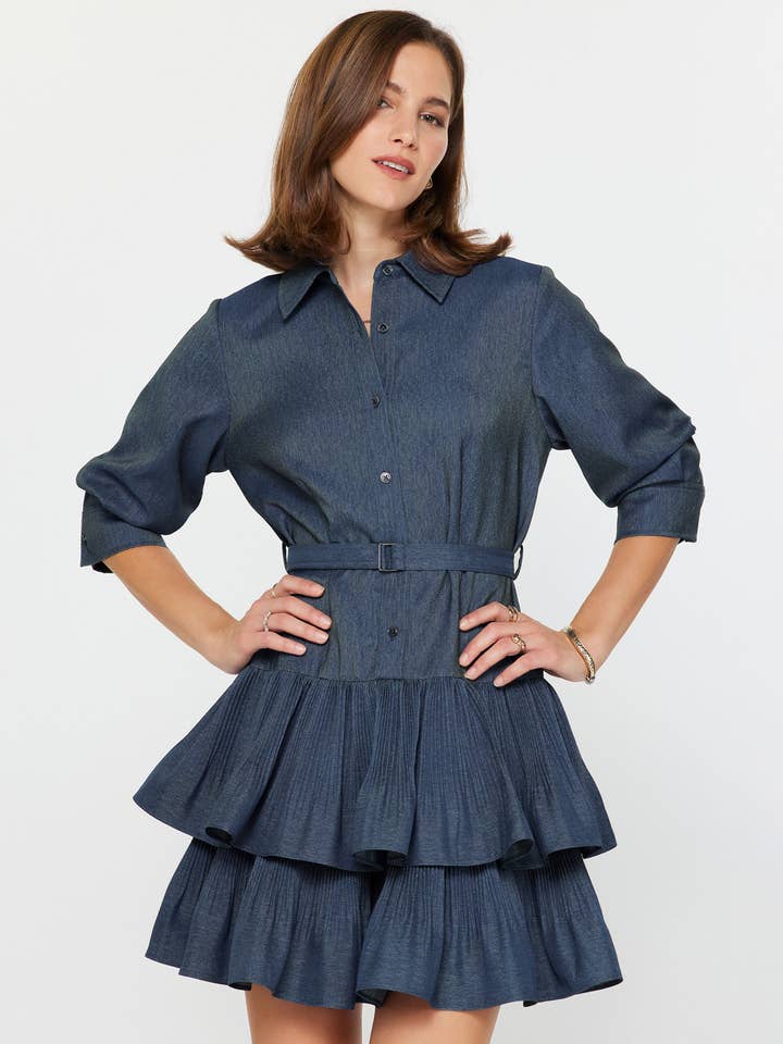 Denim Tiered Mini Shirt Dress for wholesale by Current Air