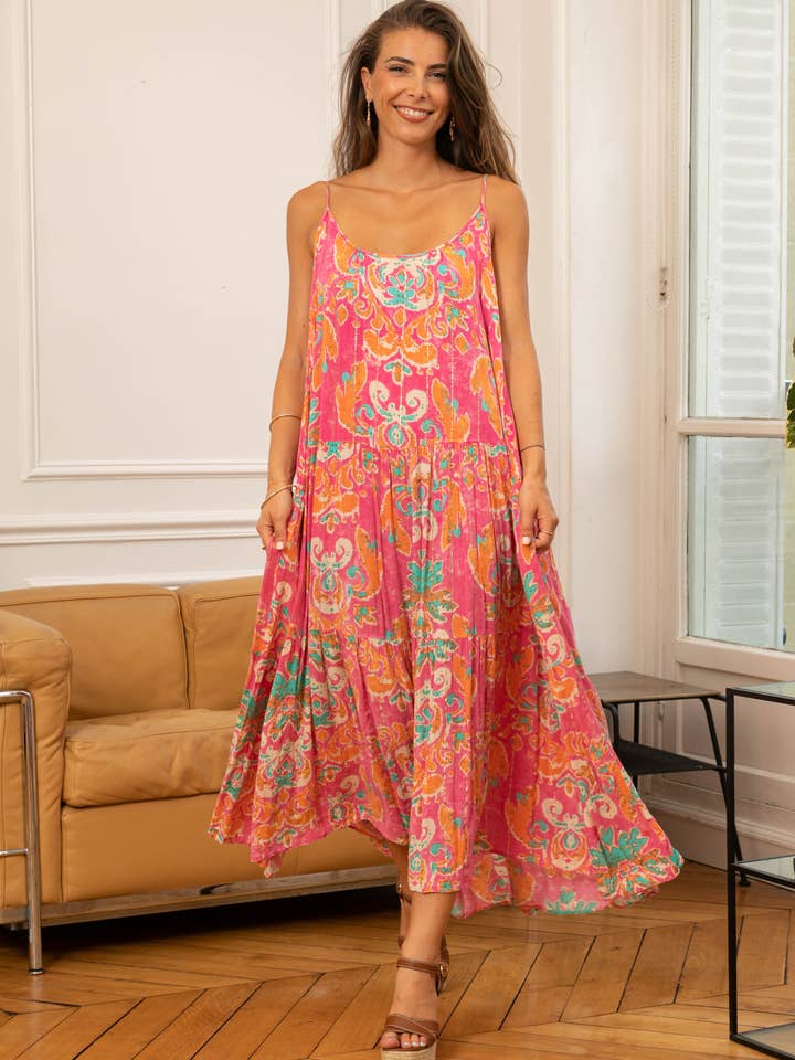 Long faded dress with thin straps, printed with Lurex for wholesale by last queen