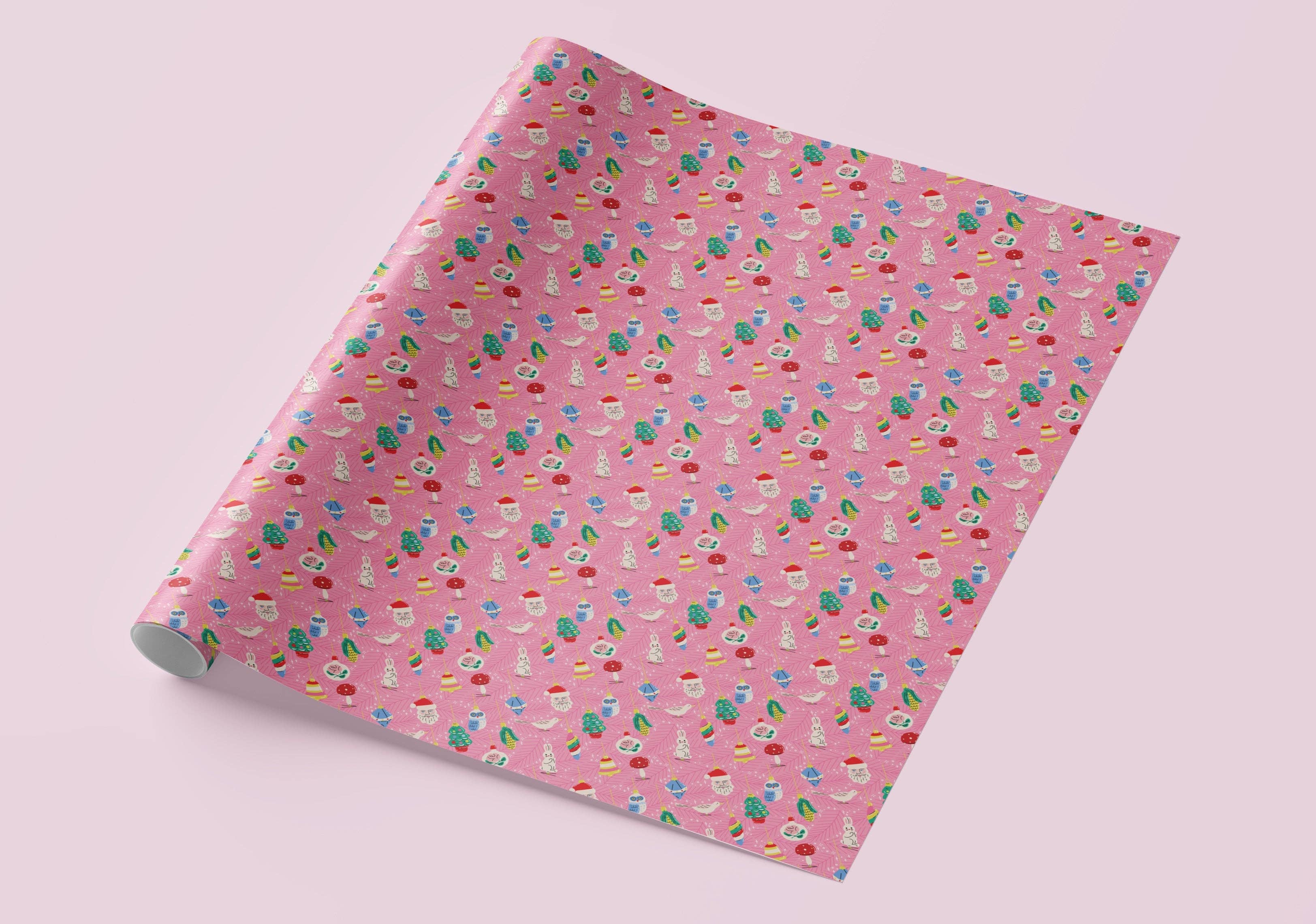 Sweary Card Lady - Wholesale Flat Wrap - Pink Feather and Baubles Christmas Gift Wrap (Folded Sheet)2