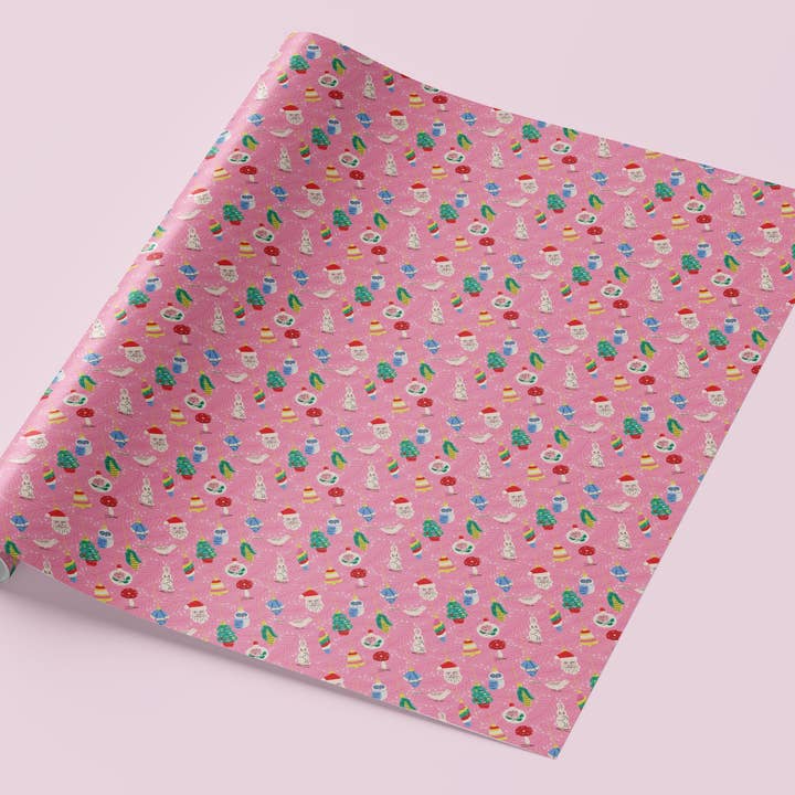 Sweary Card Lady - Wholesale Flat Wrap - Pink Feather and Baubles Christmas Gift Wrap (Folded Sheet)2