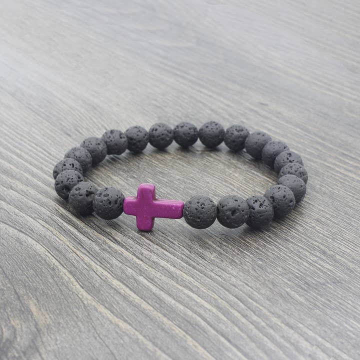 Perimade & Co. LLC - Wholesale Beaded bracelet - Lava Stone Cross Bead Couple Bracelet in Crystal Raw Stone6