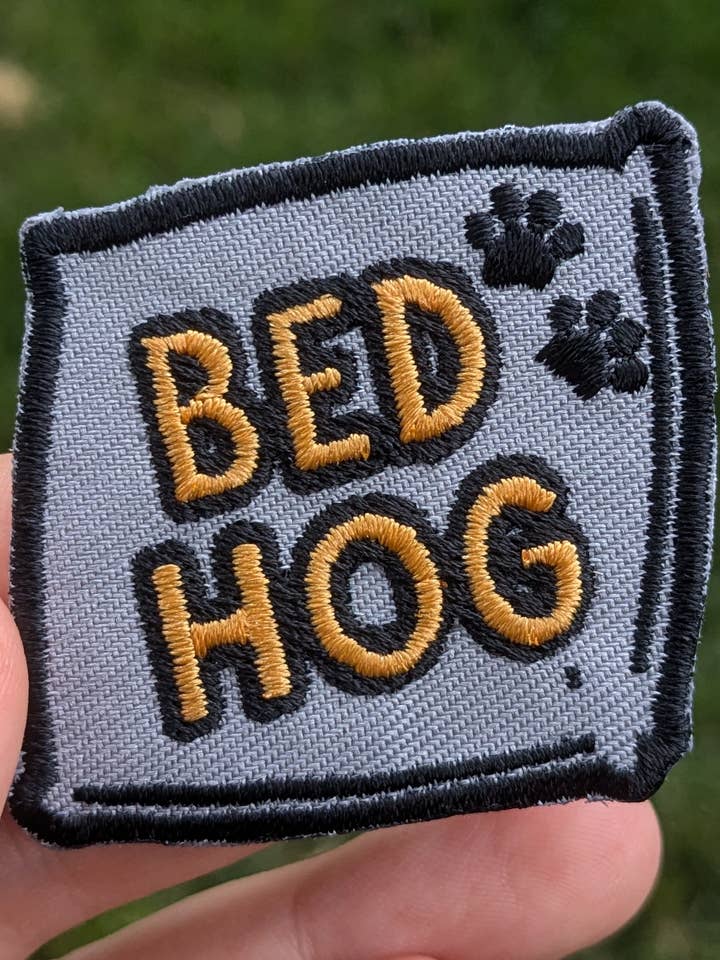 Bed Hog Iron On Patch for Dogs for wholesale by Colored Up Pup