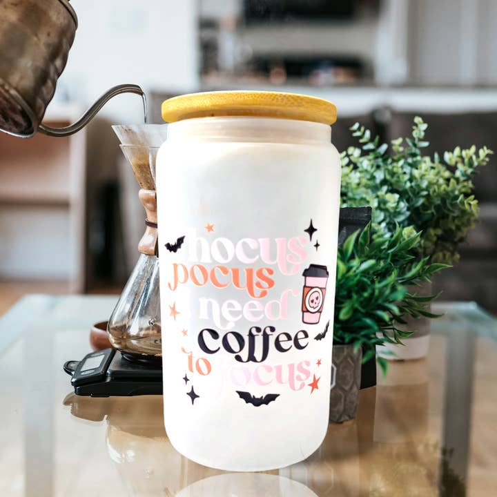 Celestia Libra Creative – wholesale Drinking glass/cup – Hocus Pocus I Need Coffee To Focus - 16oz Glass Can Cup | Spooky Design