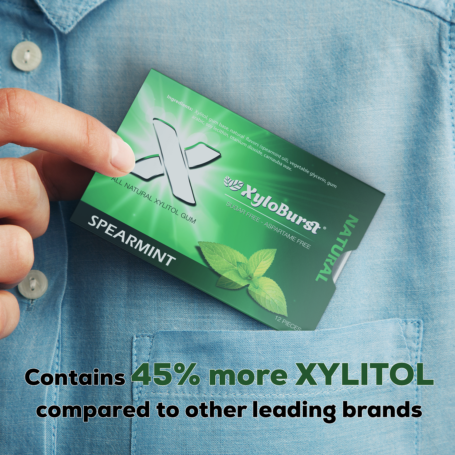 Focus Nutrition - Wholesale Chewing Gum - XyloBurst Spearmint Gum Blister Pack (Tray of 12 Cards)5