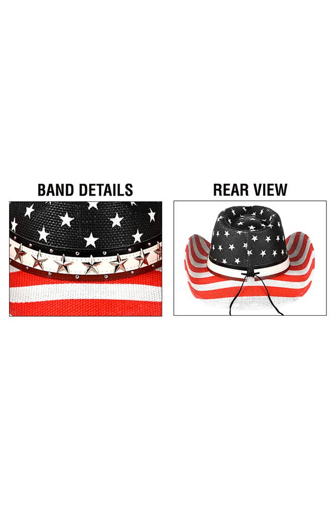 Hana - Wholesale Cowboy Hat - Women's - C.C Star Studs Trim Band American Flag Cowboy Hat2