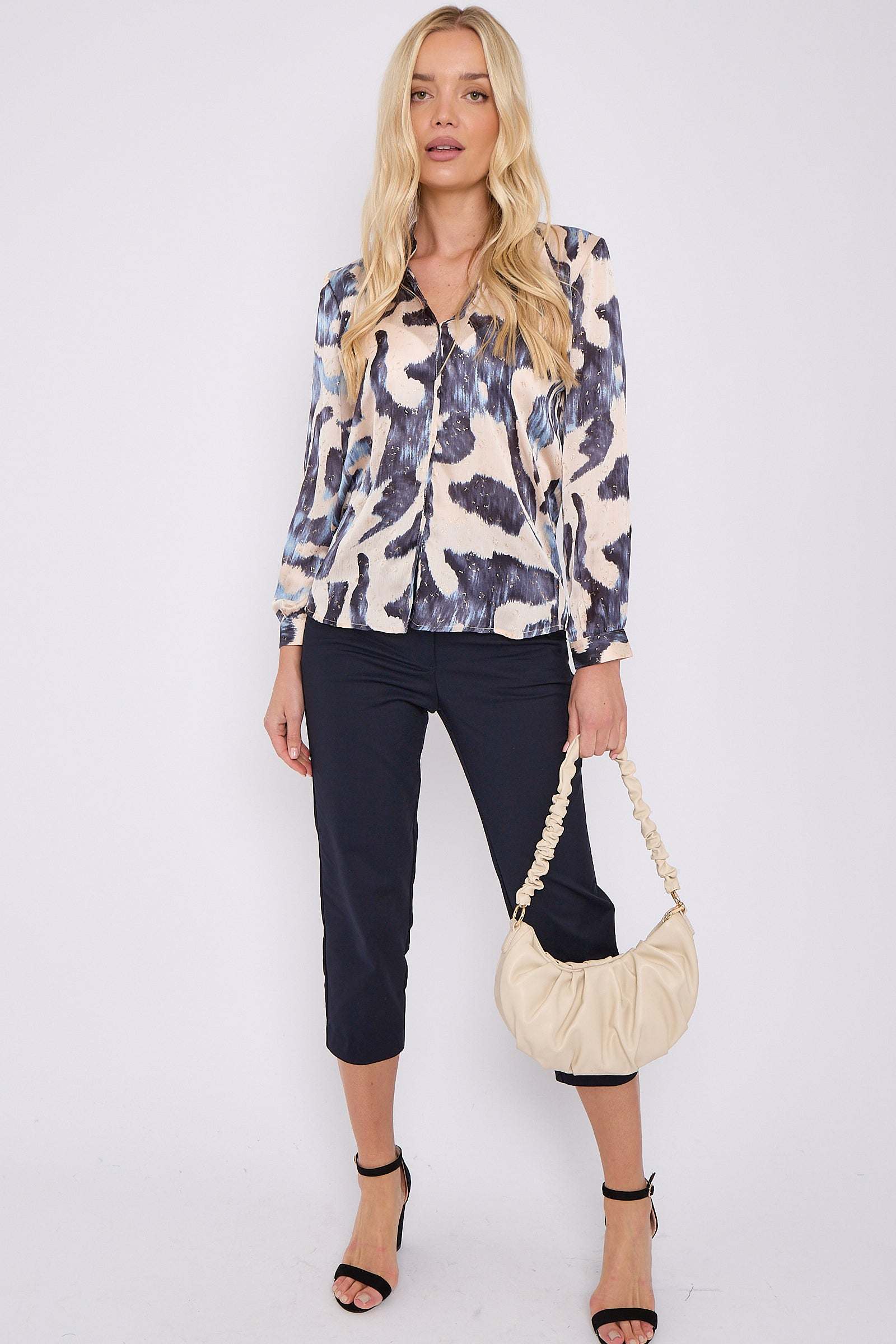 Navy Abstract Print Gold Dotted Blouse for wholesale on Faire1