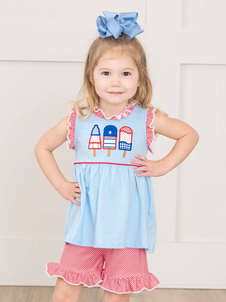 Marie Nicole Clothing - Wholesale Top & Short Set - Kids - Red, White, & Blue Ruffle Popsicle Outfit