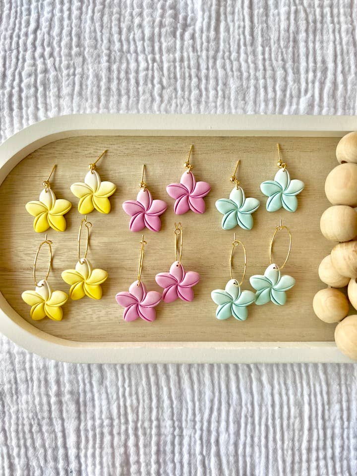 Plumeria Clay Earrings, Plumeria Flower Earrings for wholesale by SeizeTheClayJewelry