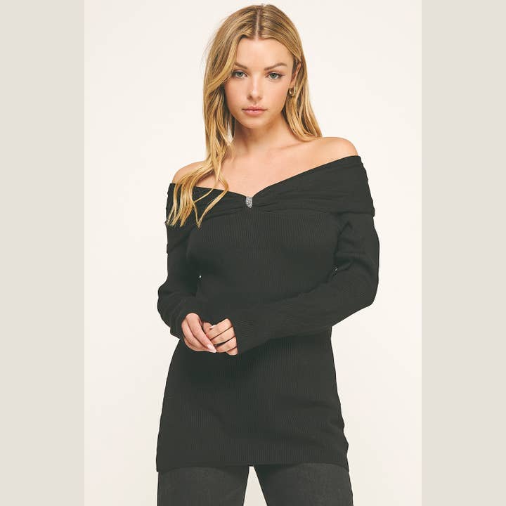 Black GLAM BOW ZIP-OFF SHOULDER BOW RIBBED KNIT TOP for wholesale on Faire1