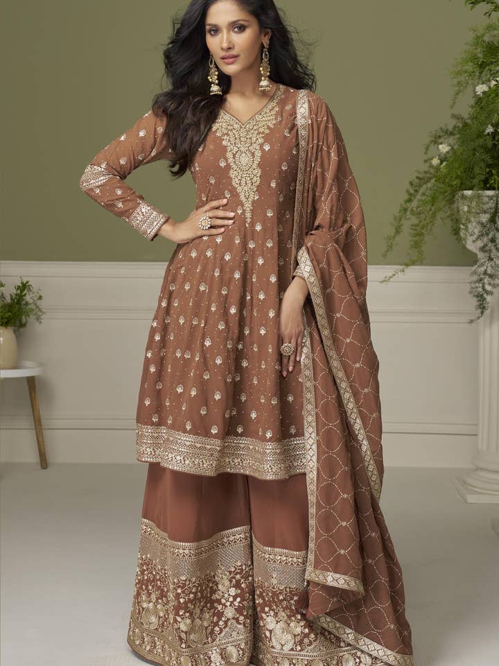 Brown Georgette Kameez With Palazzo For Indian & Pakistani Wedding Festival - Thread & Sequins Embroidery Work, Swarovski Work for wholesale by HATKE BRIDE