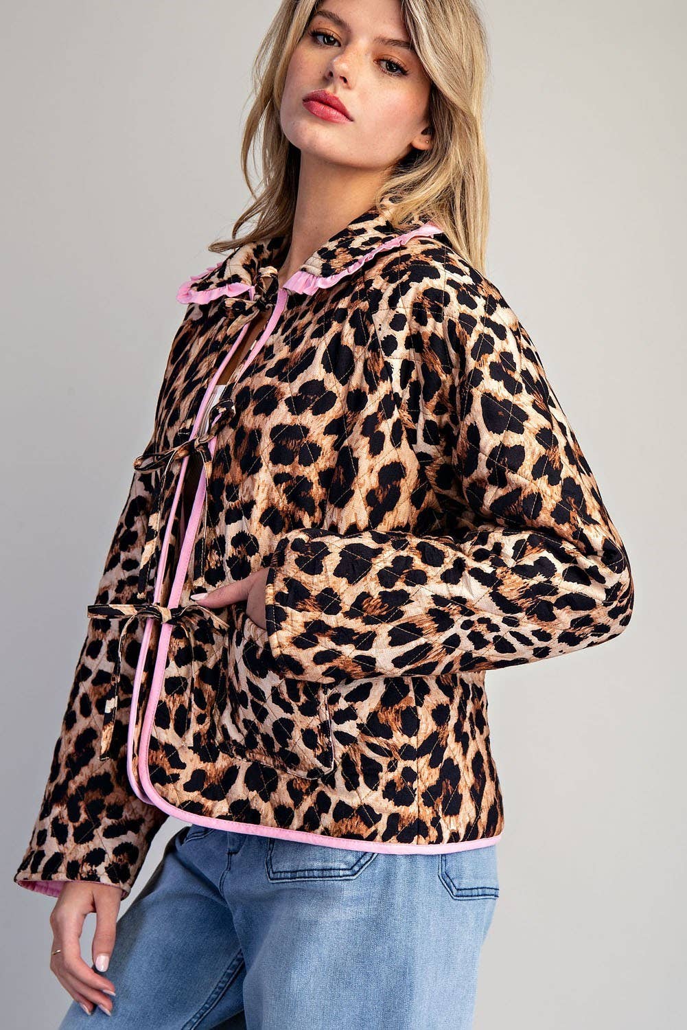 BROWN PL9358 - LEOPARD QUILTED PINK CONTRAST TIE FRONT JACKET for wholesale on Faire4