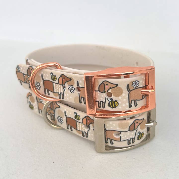 Puppies & Pom Poms - Wholesale Pet Collar - Dog - Bee Happy Dachshunds Beige Handmade Dog Collar6