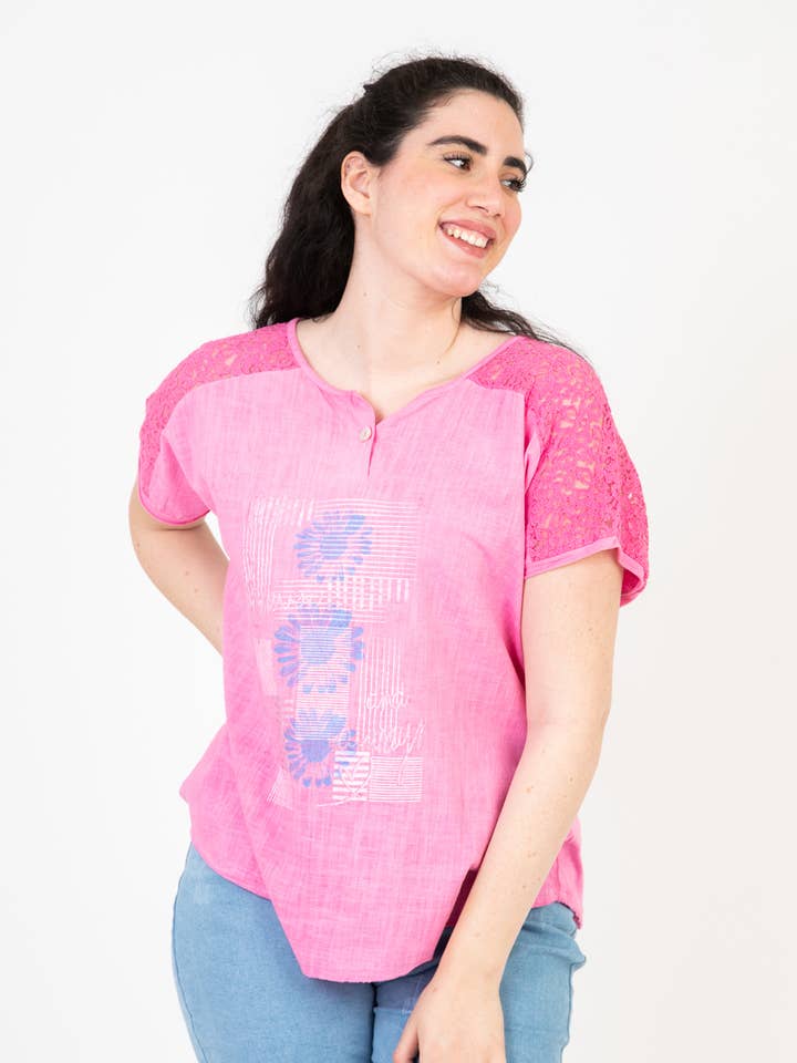 Plus size pink printed and lace T-shirt (C8011) for wholesale by Pomme Rouge Paris