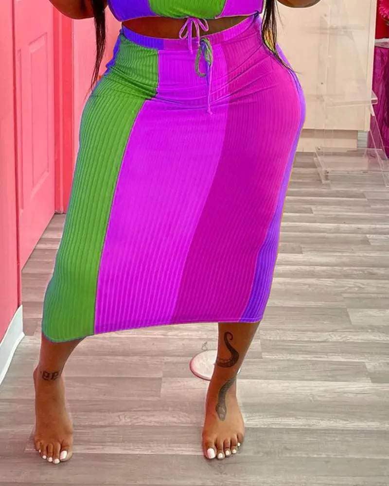 Fashion Combination - Vente Ensemble haut et jupe - Femme - ensemble de jupe courte côtelée colorblock grande taille7