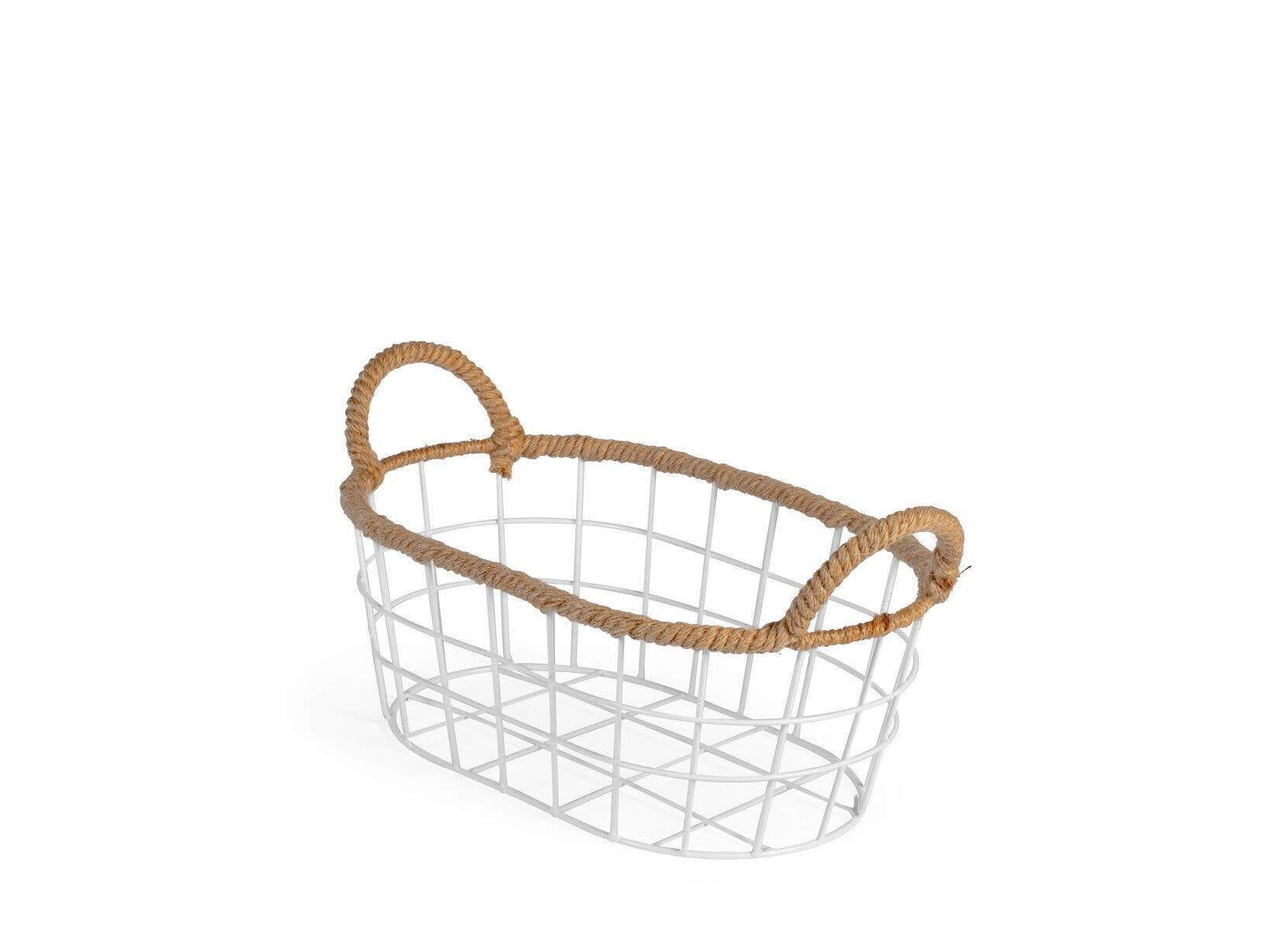 H&H – Großhandel Korb – Set mit 3 ovalen Körben aus weißem Eisen mit Jutebesatz, 33/37/42 cm3