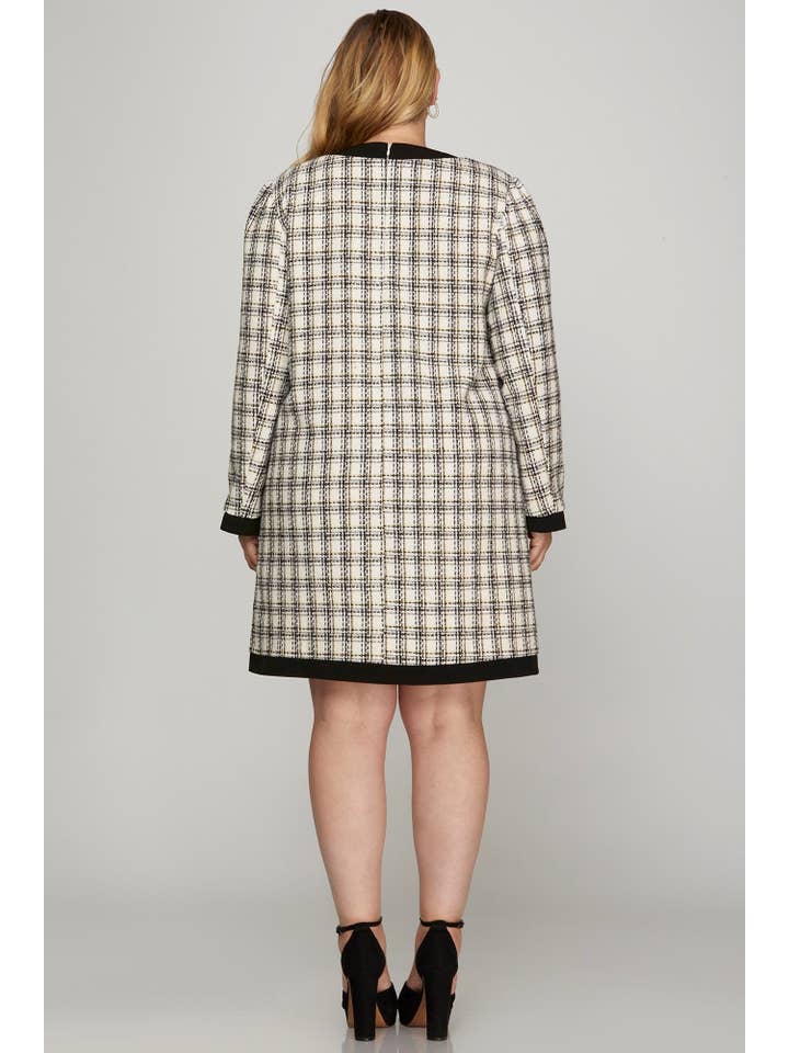Peace Love Line - Wholesale Dress - Women's - PL4656 PLUS - BUTTON DOWN CONTRAST BOW TWEED DRESS