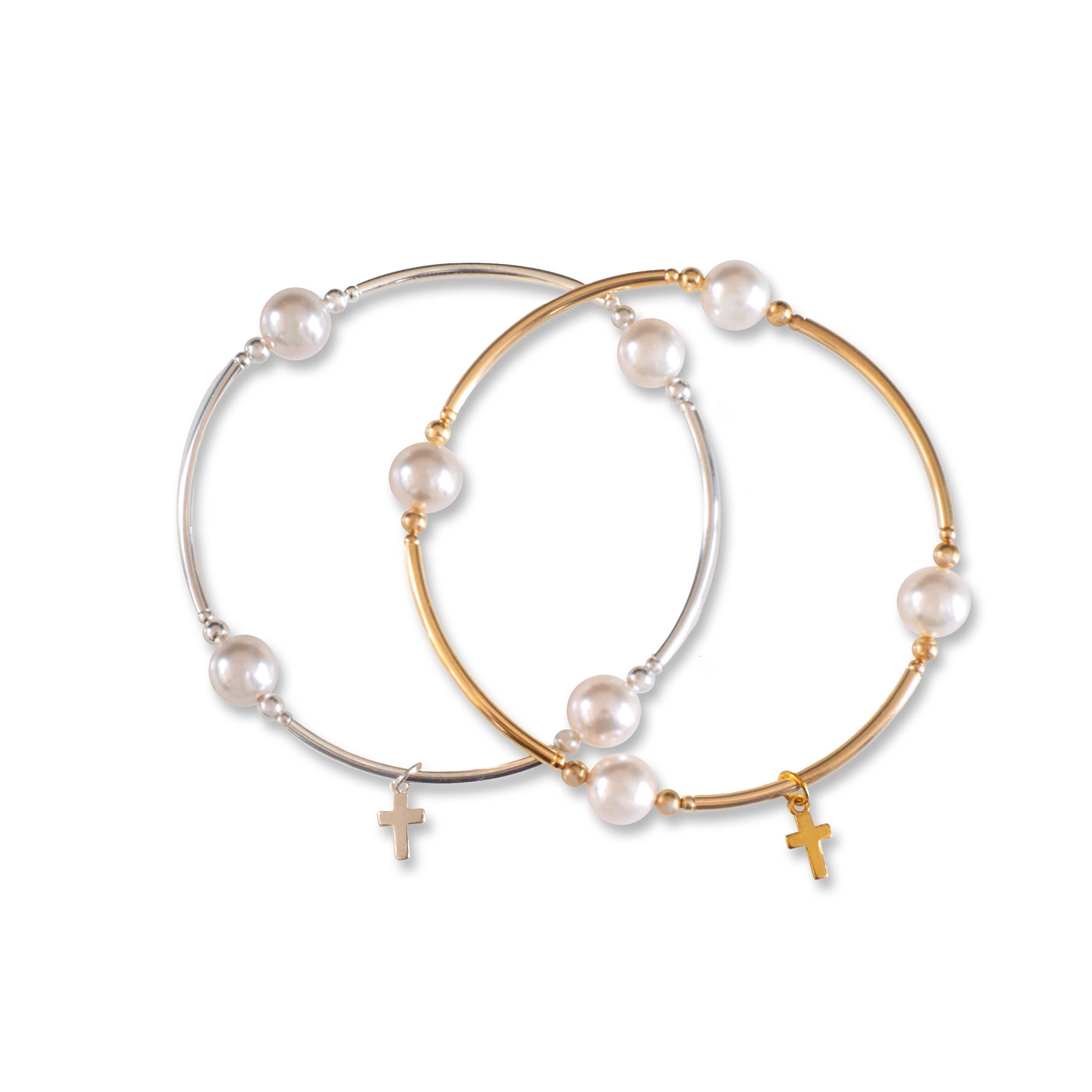 Made as Intended - Venta al por mayor Pulseras de abalorios/colgantes - Pulsera con forma de cruz y perlas blancas encantadas de 8 mm1