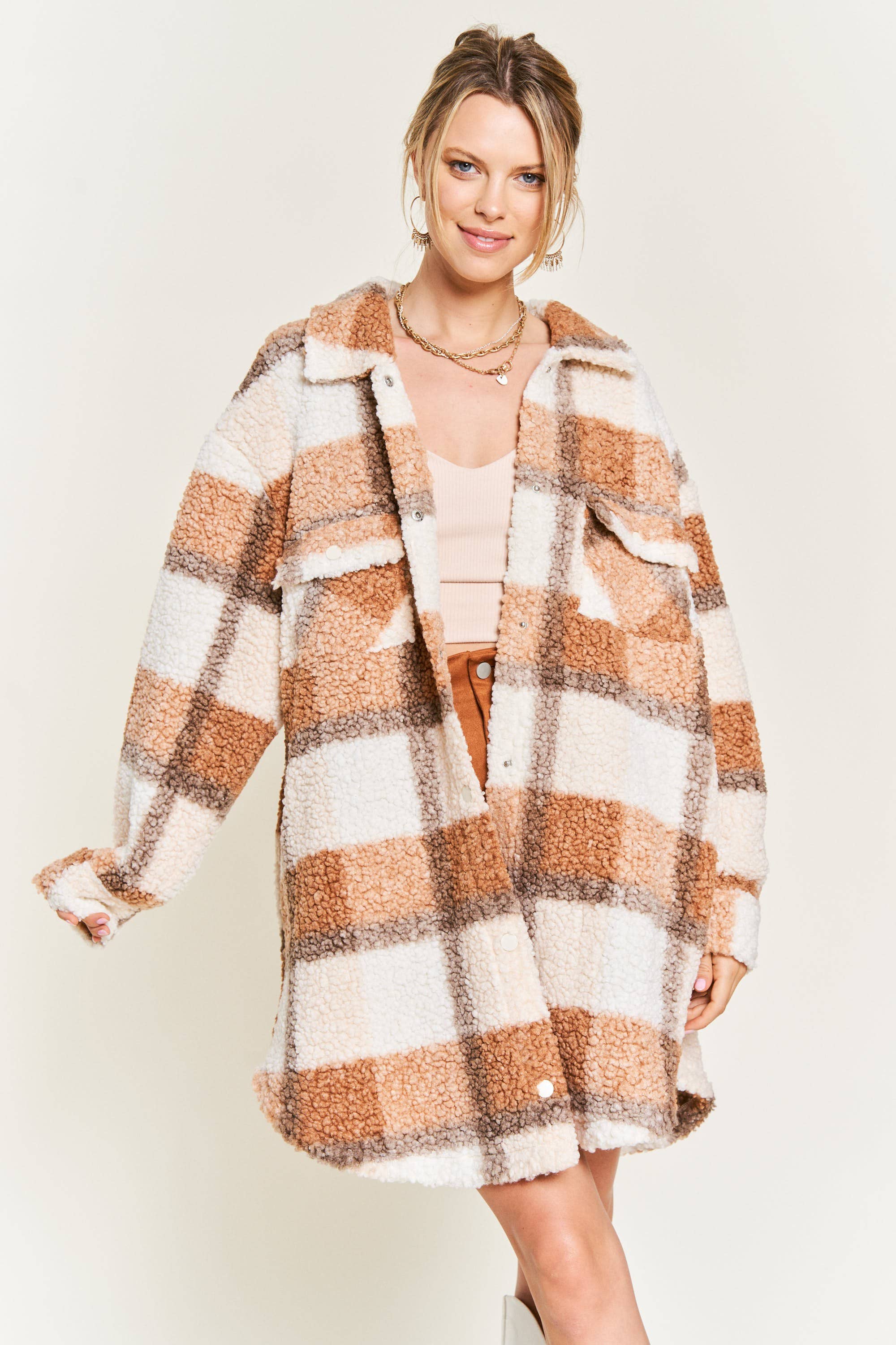 Orange PLUS SIZE Fuzzy plaid teddy jacket JJO1021-1 for wholesale on Faire4