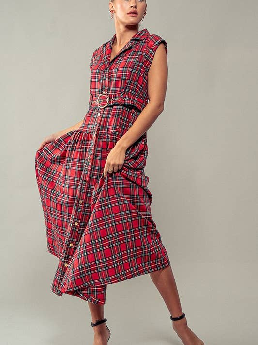 Urban Daizy - Wholesale Dress - Women's - Vintage Plaid Belted Classic Statement A Line Dress