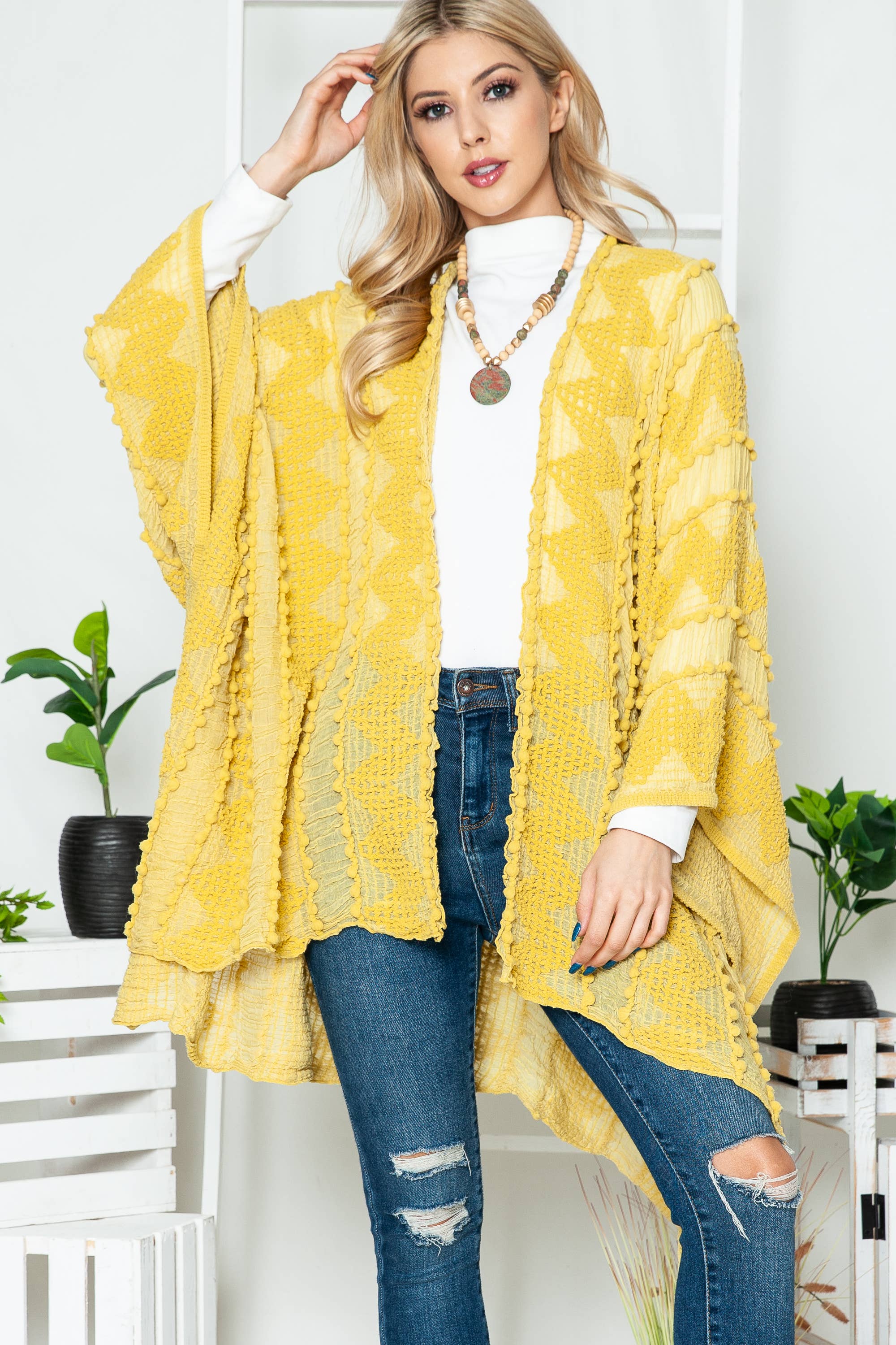 Justin & Taylor - Wholesale Kimono - Women's - Puffer-Up | Soft Textured Cover-Up Kimono With Pom Detail6