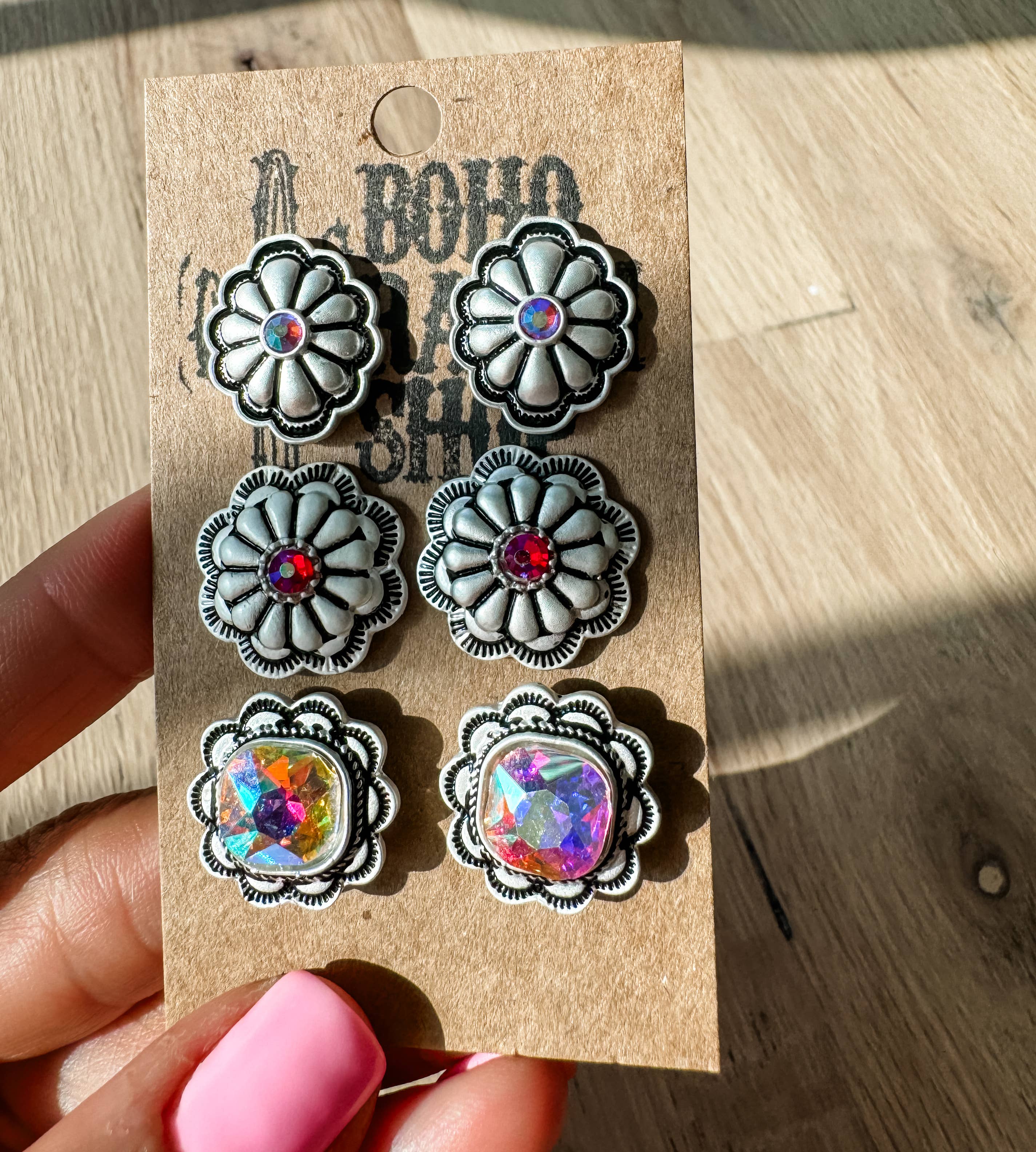 Boho Ranch Shop - Wholesale Jewelry Set - 3 Pair Western Earring Set Studs - Flower Concho