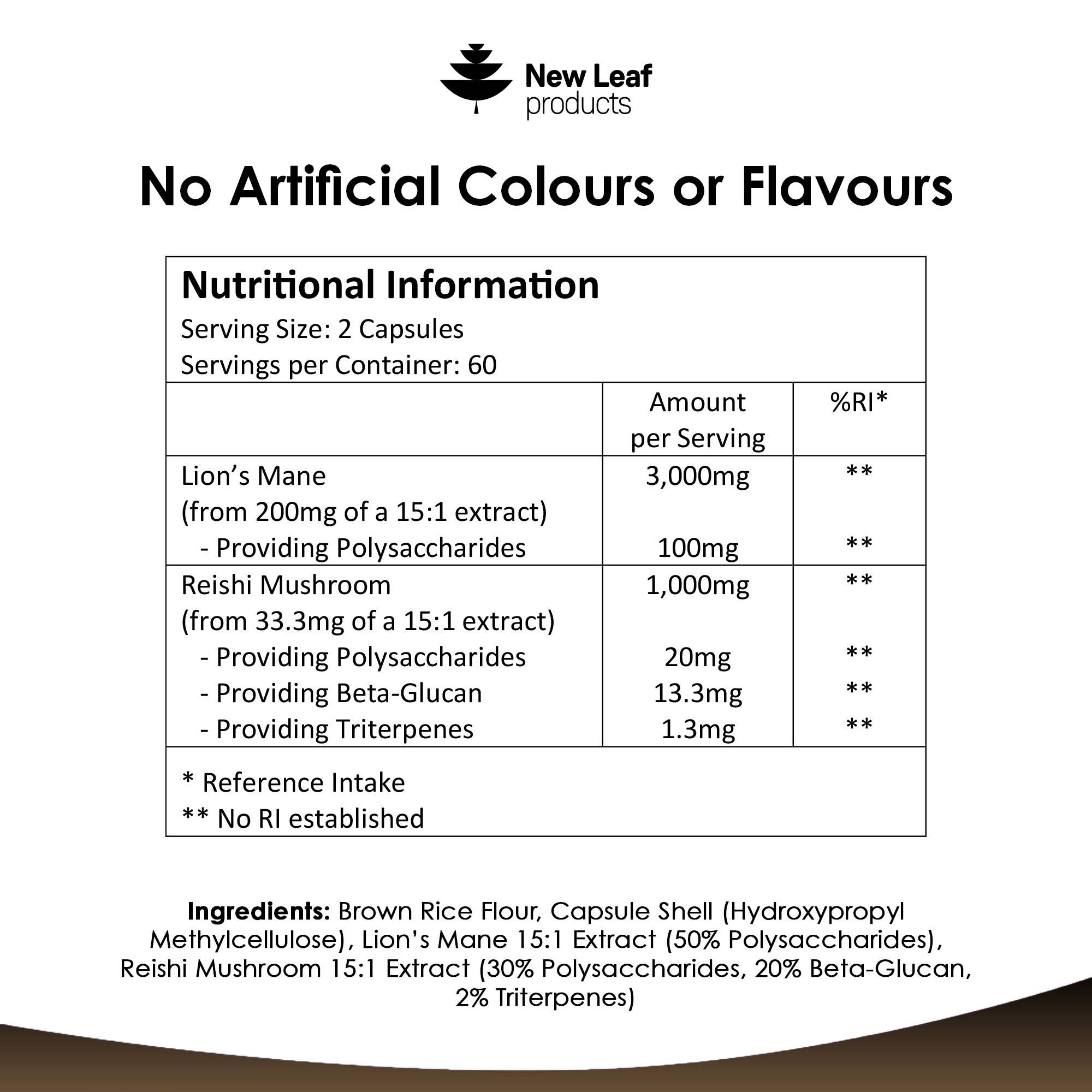 New Leaf products Ltd – wholesale Oral supplement/vitamin – Lions Mane & Reishi Mushroom Capsules 4000mg Vegan 120 fill5