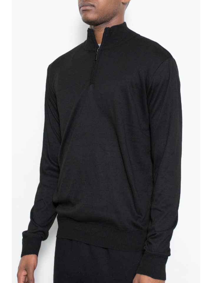 WEIV - Wholesale Knit Sweater - Men's - Mens Solid Quarter Zip Knit Sweater - Black1