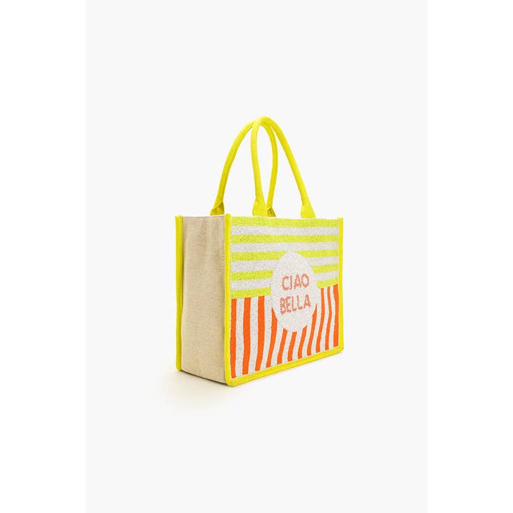 America & Beyond - Vendita all'ingrosso Borsa tote - Donna - Borsa a mano Ciao Bella con perline e dettagli a righe arancio sole e verde neon1