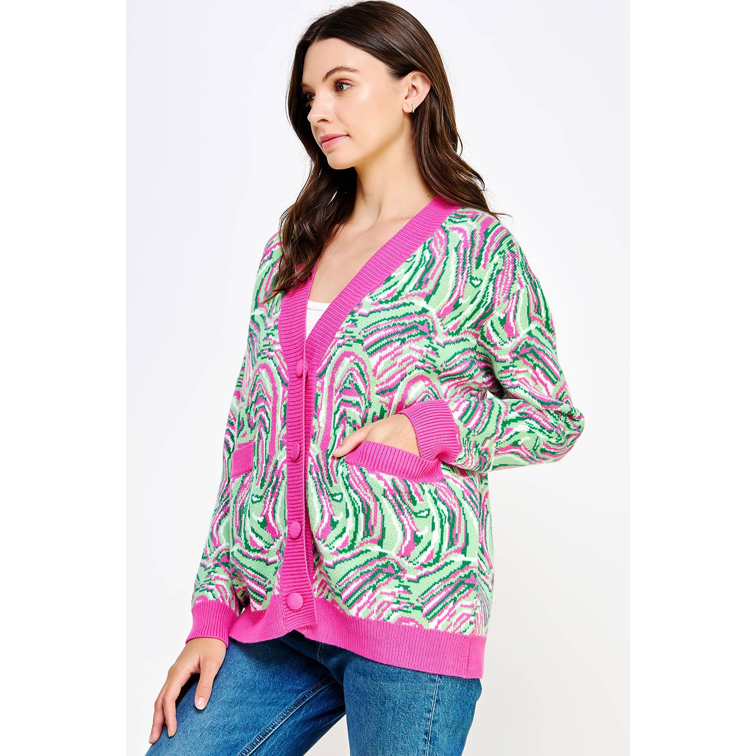 Rosa/Grön Multi Swirl Print Stickad Cardigan för wholesale på Faire2