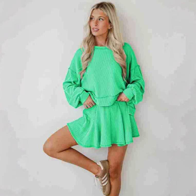 Marayn - Wholesale Top & Skirt Set - Women's - Autumn Ribbed Set Lantern Sleeve Top  Pleated Skirt47