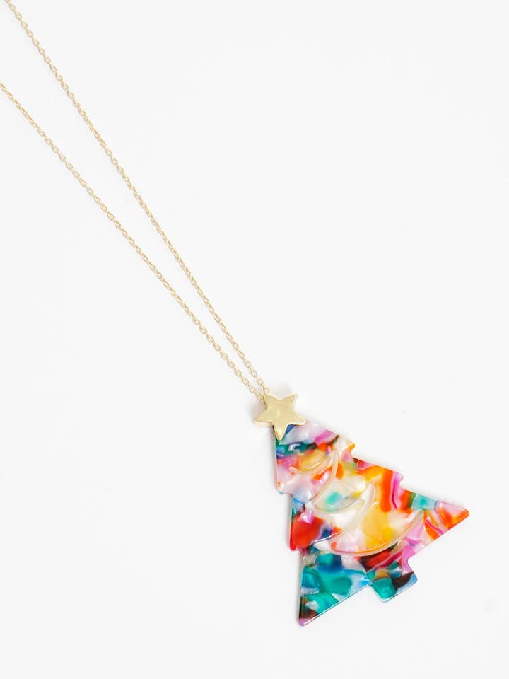 Acetate Christmas Tree Pendant 32 Inch Long Necklace for wholesale by Wild Honey