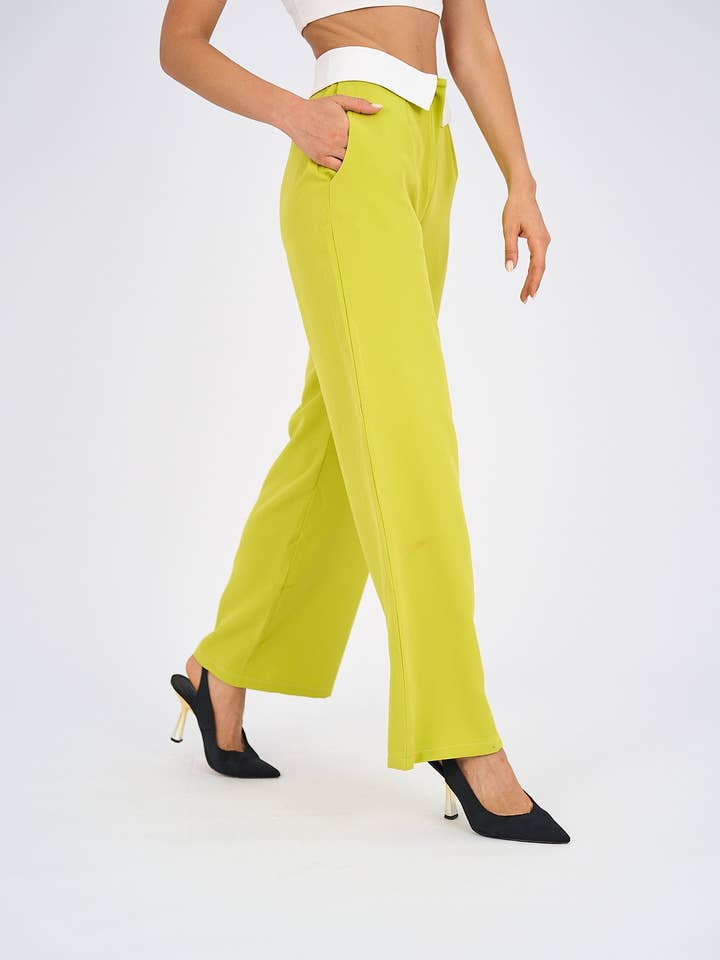 Hushy Wear - Wholesale Pants - Women's - Reversed Waistband Wide Leg Pants - Lime Green