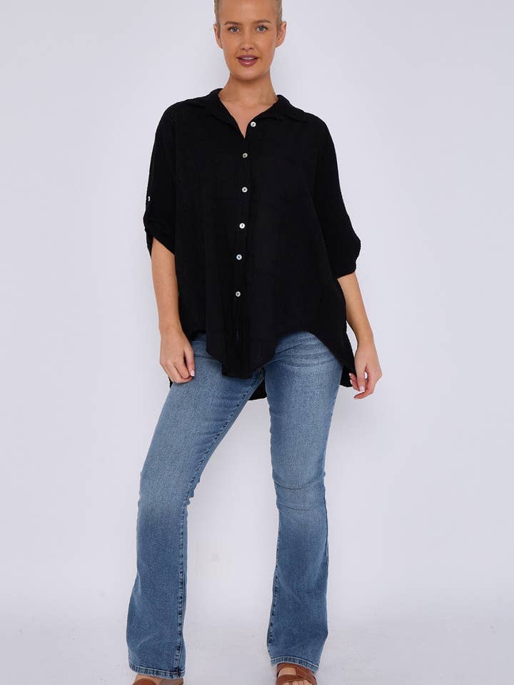 Miss Bold – wholesale Buttoned-down shirt – Women's – Italian Embroidered Cotton Button-Up Tunic Shirt with Rolled Sleeves
