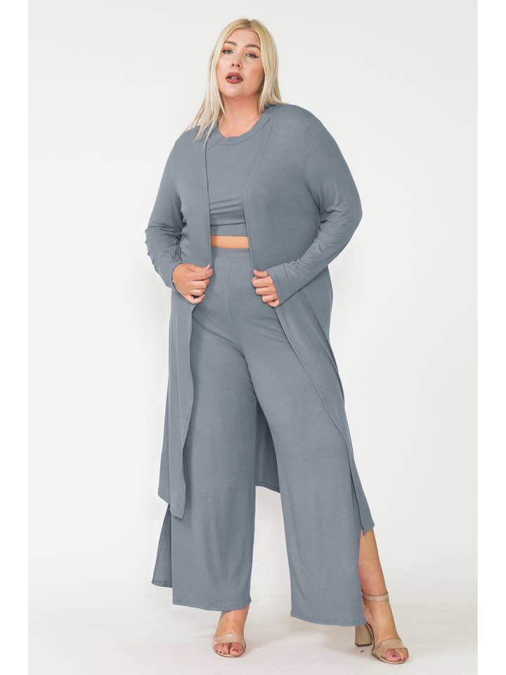 Plus Women 3pcs Set with Cardigan Wide Pants Crop Top for wholesale by Story Teller