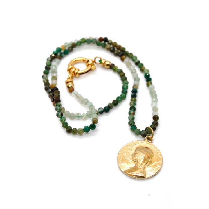 Faceted Stone Necklace with Golden Bronze French Medal Charm -French Medals Collection- for wholesale by LIZOU