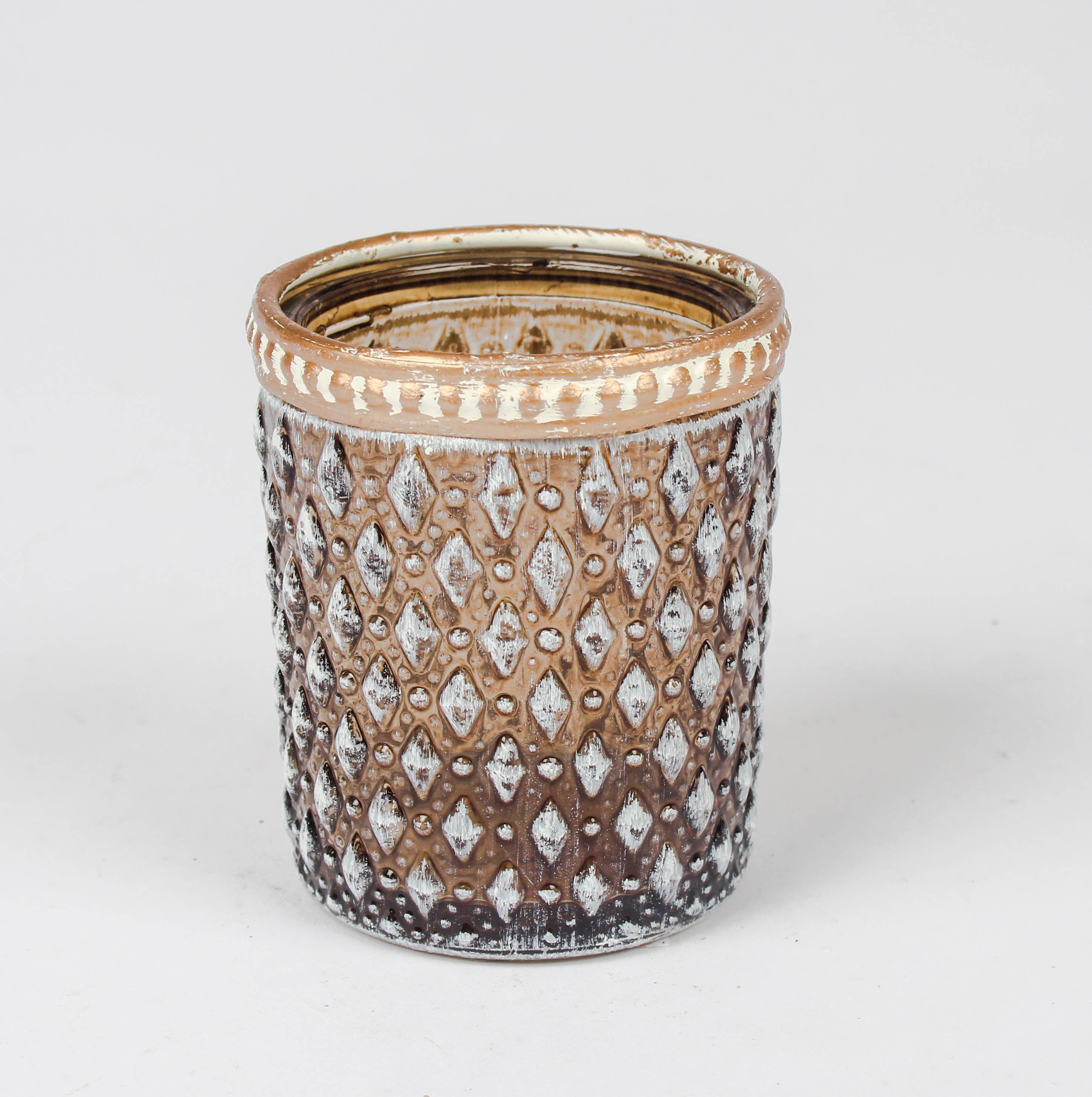 Originals International Ltd - Wholesale Tea Light Candles - Diamond Cup Glass Tea Light Holder Metal Rim Cognac